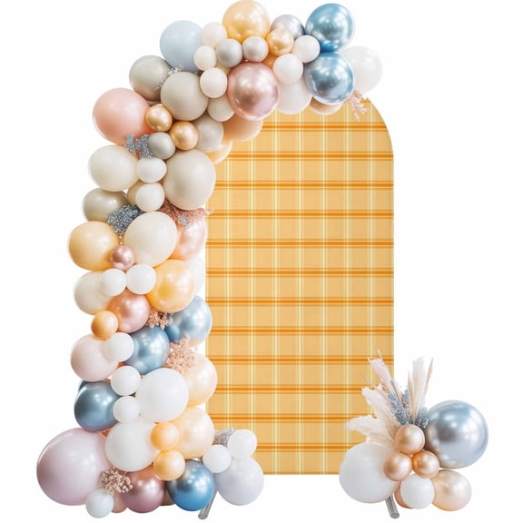 Arch Backdrop Cover 7.2 ft Orange Yellow Check Plaid Arch Backdrop Stretch Classic Check Block Photo Background Arch Covers for Wedding Party Birthday Ceremony Banquet Decorations Balloon Arches