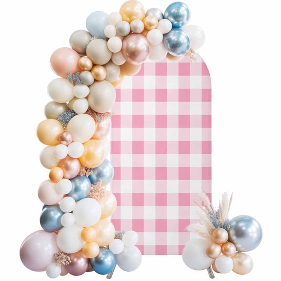 Arch Backdrop Cover 7.2 ft Pink Buffalo Plaid Arch Backdrop Stretch Spring Watercolor Check Stripe Photo Background Arch Covers for Wedding Party Birthday Ceremony Banquet Decorations Balloon Arches