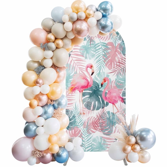 Arch Backdrop Cover 7.2 ft Pink Flamigo Arch Backdrop Stretch Fabric Teal Tropical Monstera Leaves Photo Background Arch Covers for Wedding Party Birthday Ceremony Banquet Decorations Balloon Arches