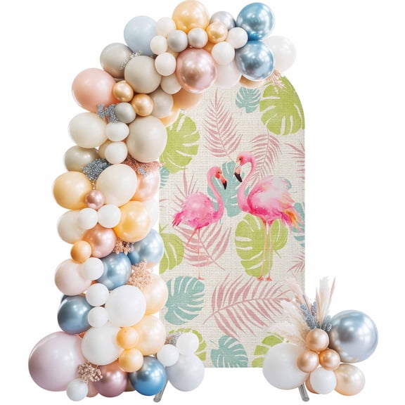 Arch Backdrop Cover 7.2 ft Pink Flamigo Arch Backdrop Stretch Teal Green Tropical Monstera Leaves Photo Background Arch Covers for Wedding Party Birthday Ceremony Banquet Decorations Balloon Arches