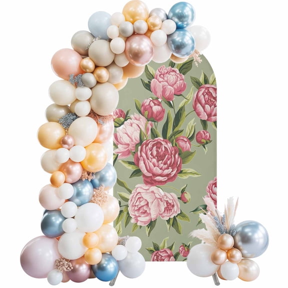 Arch Backdrop Cover 7.2 ft Pink Rose Floral Arch Backdrop Stretch Fabric Sage Green Leaves Flowers Photo Background Arch Covers for Wedding Party Birthday Ceremony Banquet Decorations Balloon Arches