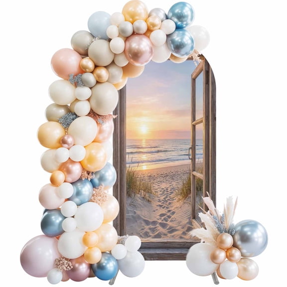 Arch Backdrop Cover 7.2 ft Pink Sunset Sandy Beach Arch Backdrop Stretch Vintage Wooden Doors Photo Background Arch Covers for Wedding Party Birthday Ceremony Banquet Decorations Balloon Arches
