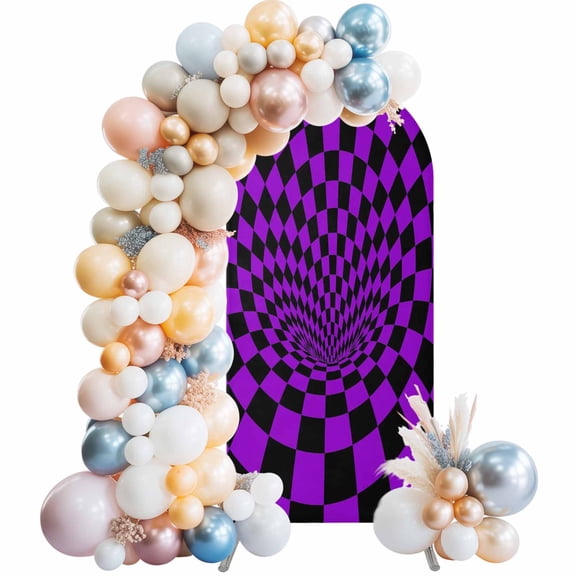 Arch Backdrop Cover 7.2 ft Purple Black Checker Arch Backdrop Stretch 3D Abstract Mosaic Tiles Photo Background Arch Covers for Wedding Party Birthday Ceremony Banquet Decorations Balloon Arches