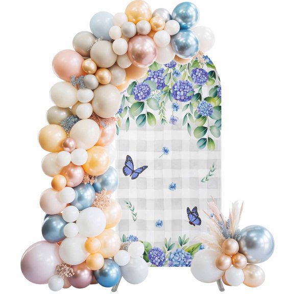 Arch Backdrop Cover 7.2 ft Purple Hydrangea Arch Backdrop Stretch Butterfly Eucalyptus Leaves Plaid Photo Background Arch Covers for Wedding Party Birthday Ceremony Banquet Decor Balloon Arches
