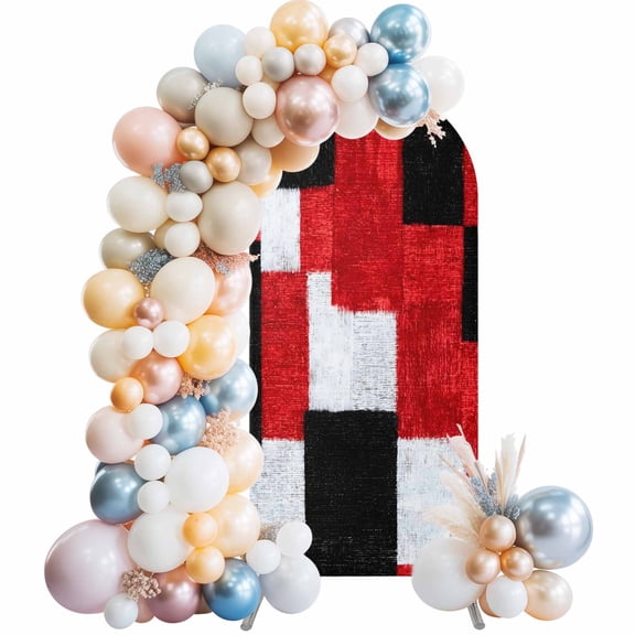 Arch Backdrop Cover 7.2 ft Red Black Blocks Arch Backdrop Stretch Fabric Modern Abstract Patchwork Photo Background Arch Covers for Wedding Party Birthday Ceremony Banquet Decorations Balloon Arches