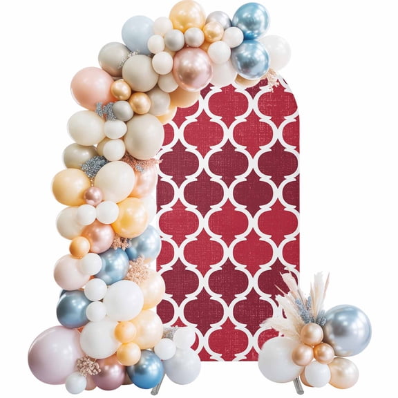 Arch Backdrop Cover 7.2 ft Red Moroccan Design Arch Backdrop Stretch Retro Geometric Pattern Photo Background Arch Covers for Wedding Party Birthday Ceremony Banquet Decorations Balloon Arches
