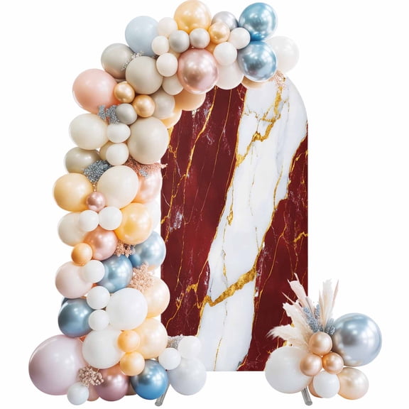 Arch Backdrop Cover 7.2 ft Red White Marble Arch Backdrop Stretch Fabric Gold Abstract Art Photo Background Arch Covers for Wedding Party Birthday Ceremony Banquet Decorations Balloon Arches