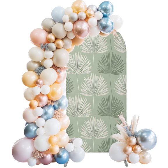 Arch Backdrop Cover 7.2 ft Sage Green Fan Leaves Arch Backdrop Stretch Fabric Tropical Palm Leaf Photo Background Arch Covers for Wedding Party Birthday Ceremony Banquet Decorations Balloon Arches