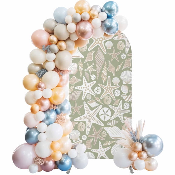 Arch Backdrop Cover 7.2 ft Shell Starfish Arch Backdrop Stretch Ocean Conch Beach Sage Green Photo Background Arch Covers for Wedding Party Birthday Ceremony Banquet Decorations Balloon Arches