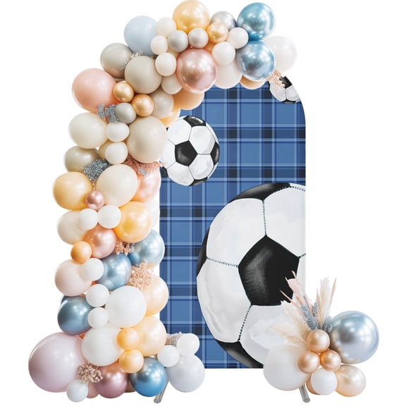 Arch Backdrop Cover 7.2 ft Soccer Balls Arch Backdrop Stretch Fabric Sports Blue Plaid Photo Background Arch Covers for Wedding Party Birthday Ceremony Banquet Decorations Balloon Arches