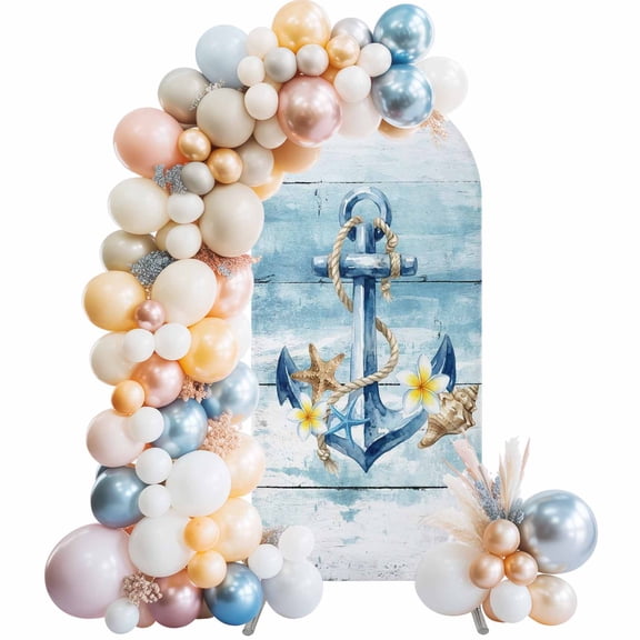 Arch Backdrop Cover 7.2 ft Starfish Floral Nautical Anchor Arch Backdrop Stretch Rustic Blue Wood Grain Photo Background Arch Covers for Wedding Party Birthday Ceremony Banquet Decor Balloon Arches