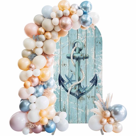Arch Backdrop Cover 7.2 ft Starfish Nautical Anchor Arch Backdrop Stretch Rustic Teal Blue Wood Grain Photo Background Arch Covers for Wedding Party Birthday Ceremony Banquet Decor Balloon Arches