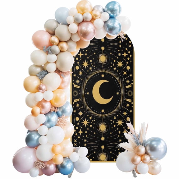Arch Backdrop Cover 7.2 ft Stars Moon Arch Backdrop Stretch Black Geometric Gorgeous Starry Night Photo Background Arch Covers for Wedding Party Birthday Ceremony Banquet Decorations Balloon Arches
