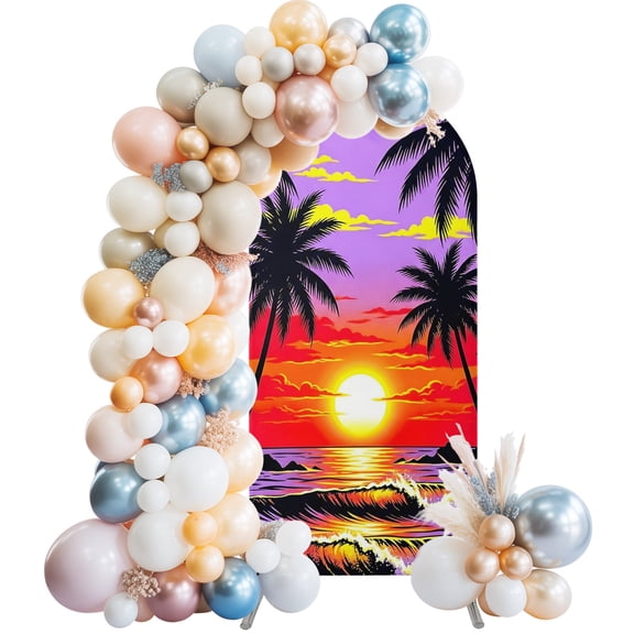 Arch Backdrop Cover 7.2 ft Summer Beach Sunset Arch Backdrop Stretch Coastal Tropical Palm Tree Photo Background Arch Covers for Wedding Party Birthday Ceremony Banquet Decorations Balloon Arches