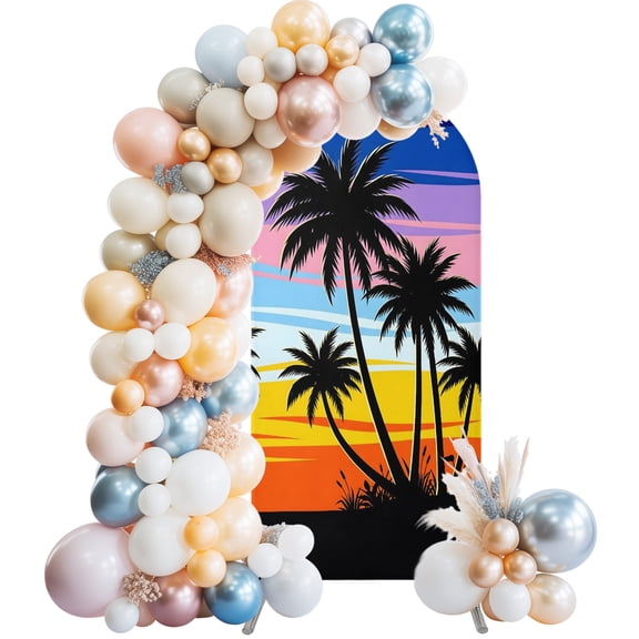 Arch Backdrop Cover 7.2 ft Summer Beach Sunset Sky Arch Backdrop Stretch Coastal Tropical Palm Tree Photo Background Arch Covers for Wedding Party Birthday Ceremony Banquet Decor Balloon Arches
