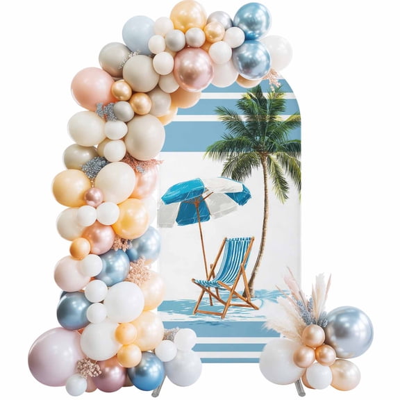 Arch Backdrop Cover 7.2 ft Summer Beach Umbrella Chair Arch Backdrop Stretch Palm Tree Blue Stripes Photo Background Arch Covers for Wedding Party Birthday Ceremony Banquet Decor Balloon Arches