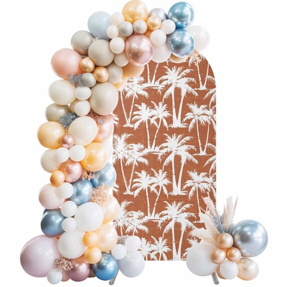 Arch Backdrop Cover 7.2 ft Summer Palm Tree Arch Backdrop Stretch Orange Tropical Leaves Plant Photo Background Arch Covers for Wedding Party Birthday Ceremony Banquet Decorations Balloon Arches