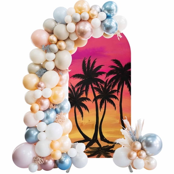 Arch Backdrop Cover 7.2 ft Summer Palm Trees Arch Backdrop Stretch Pink Orange Sunset Sky Beach Photo Background Arch Covers for Wedding Party Birthday Ceremony Banquet Decorations Balloon Arches
