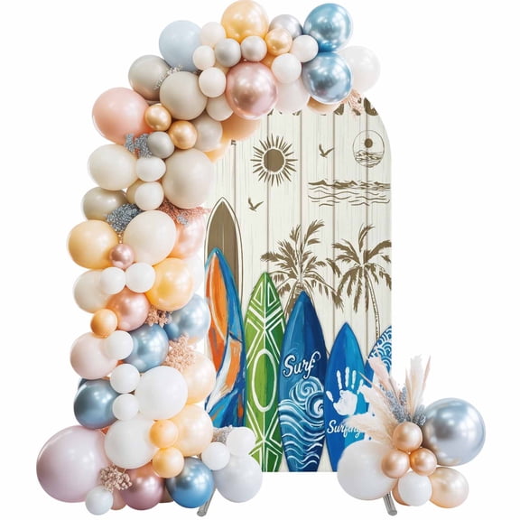 Arch Backdrop Cover 7.2 ft Summer Surfing Arch Backdrop Stretch Fabric Beach Palm Tree Wood Grain Photo Background Arch Covers for Wedding Party Birthday Ceremony Banquet Decorations Balloon Arches