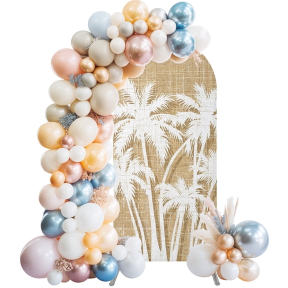 Arch Backdrop Cover 7.2 ft Summer Tropical Palm Leaves Arch Backdrop Stretch Coastal Tan Linen Photo Background Arch Covers for Wedding Party Birthday Ceremony Banquet Decorations Balloon Arches