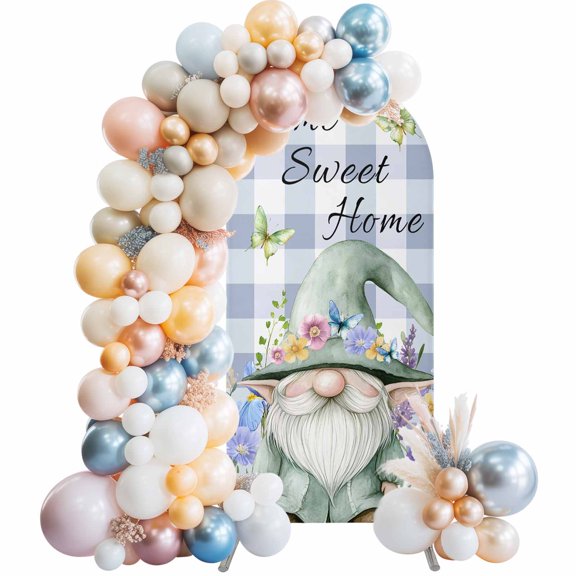 Arch Backdrop Cover 7.2 ft Sweet Home Gnome Arch Backdrop Stretch Floral Butterfly Purple Plaid Photo Background Arch Covers for Wedding Party Birthday Ceremony Banquet Decorations Balloon Arches