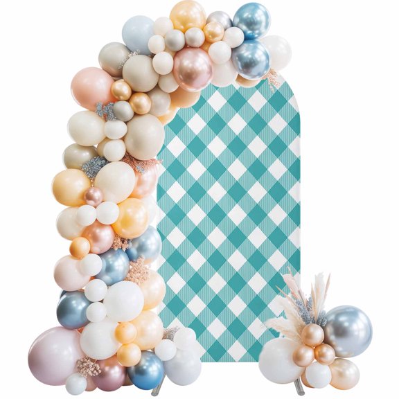 Arch Backdrop Cover 7.2 ft Teal Green White Check Plaid Arch Backdrop Stretch Pastoral Style Photo Background Arch Covers for Wedding Party Birthday Ceremony Banquet Decorations Balloon Arches