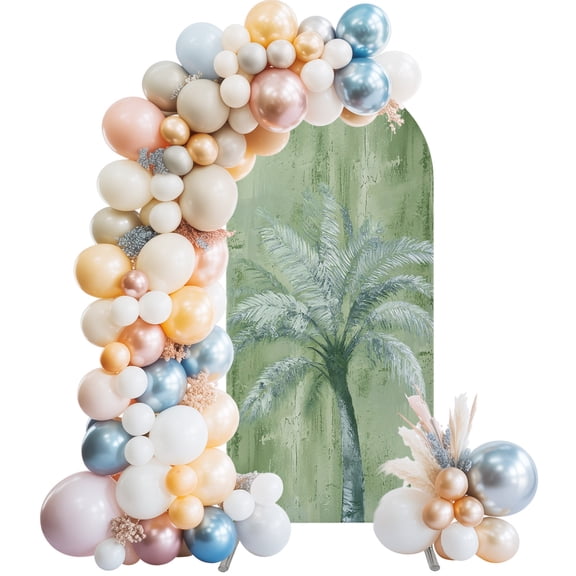 Arch Backdrop Cover 7.2 ft Tropical Palm Tree Arch Backdrop Stretch Green Graffiti Coastal Island Photo Background Arch Covers for Wedding Party Birthday Ceremony Banquet Decorations Balloon Arches