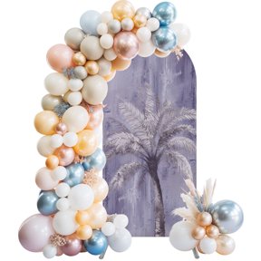 Arch Backdrop Cover 7.2 ft Tropical Palm Tree Arch Backdrop Stretch Purple Graffiti Coastal Island Photo Background Arch Covers for Wedding Party Birthday Ceremony Banquet Decorations Balloon Arches