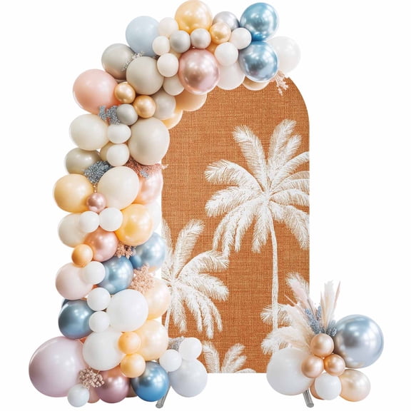 Arch Backdrop Cover 7.2 ft Tropical Palm Trees Arch Backdrop Stretch Fabric Orange Linen Coastal Photo Background Arch Covers for Wedding Party Birthday Ceremony Banquet Decorations Balloon Arches