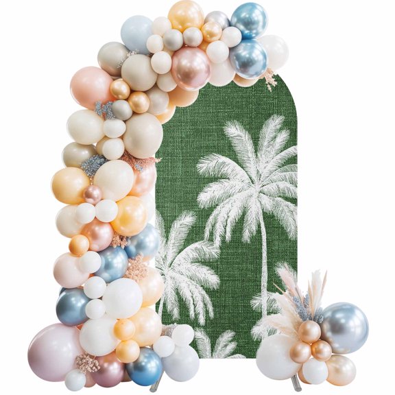 Arch Backdrop Cover 7.2 ft Tropical Palm Trees Arch Backdrop Stretch Forest Green Linen Coastal Photo Background Arch Covers for Wedding Party Birthday Ceremony Banquet Decorations Balloon Arches