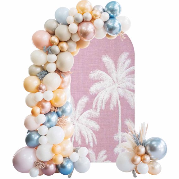 Arch Backdrop Cover 7.2 ft Tropical Palm Trees Arch Backdrop Stretch Peach Pink Linen Coastal Photo Background Arch Covers for Wedding Party Birthday Ceremony Banquet Decorations Balloon Arches