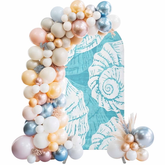 Arch Backdrop Cover 7.2 ft Turquoise Coastal Shells Arch Backdrop Stretch Ocean Conch Marine Life Photo Background Arch Covers for Wedding Party Birthday Ceremony Banquet Decorations Balloon Arches