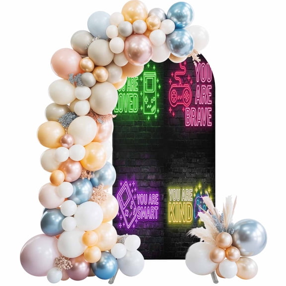 Arch Backdrop Cover 7.2 ft Video Game Arch Backdrop Stretch Shiny Gaming Icons Playing Gamer Photo Background Arch Covers for Wedding Party Birthday Ceremony Banquet Decorations Balloon Arches