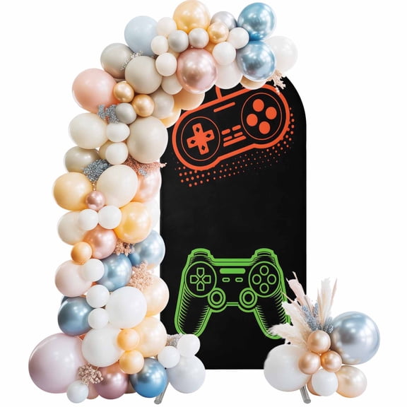 Arch Backdrop Cover 7.2 ft Video Games Arch Backdrop Stretch Fabric Retro Gaming Playing Gamer Photo Background Arch Covers for Wedding Party Birthday Ceremony Banquet Decorations Balloon Arches