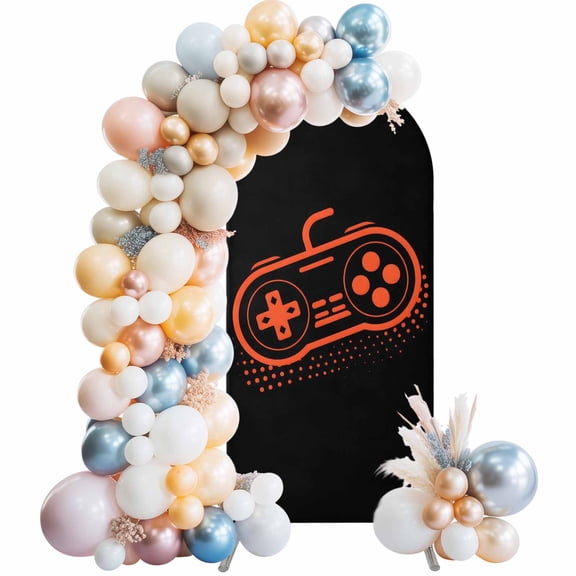 Arch Backdrop Cover 7.2 ft Video Games Controller Arch Backdrop Stretch Black Orange Gaming Console Photo Background Arch Covers for Wedding Party Birthday Ceremony Banquet Decor Balloon Arches