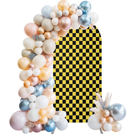 Arch Backdrop Cover 7.2 ft Yellow Black Chessboard Arch Backdrop Stretch Square Blocks Plaid Photo Background Arch Covers for Wedding Party Birthday Ceremony Banquet Decorations Balloon Arches