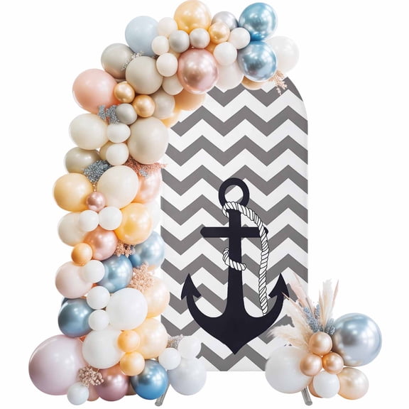 Arch Backdrop Cover 7.2FT Nautical Anchor Dark Blue Stretch Spandex Arch Stand Cover, Grey Zigzag Chevron Round Top Chiara Backdrop Stand Covers for Wedding Birthday Party Banquet Ceremony﻿