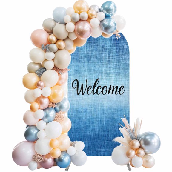 Arch Backdrop Cover 7.2FT Welcome Quote Dark Blue Gradient Stretch Spandex Arch Stand Cover, Summer Watercolor Style Round Top Chiara Backdrop Stand Covers for Wedding Birthday Party Banquet
