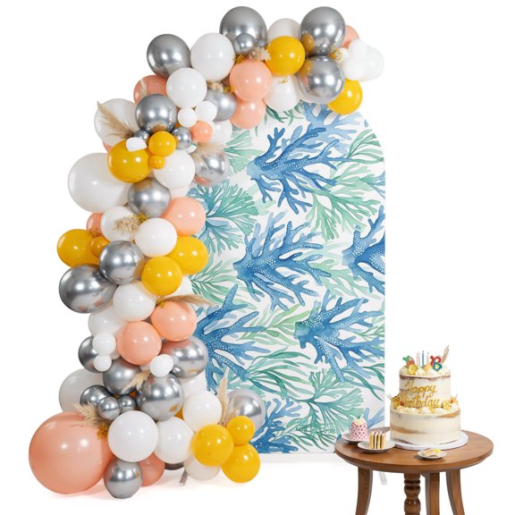 Arch Backdrop Cover for Wedding 6.6FT Coastal Branching Coral Stretch Spandex Party Arch Cover, Fabric Backdrop Banner for Baby Shower, Birthday, Bridal Shower Decor Coastal Reef Boho Green Blue