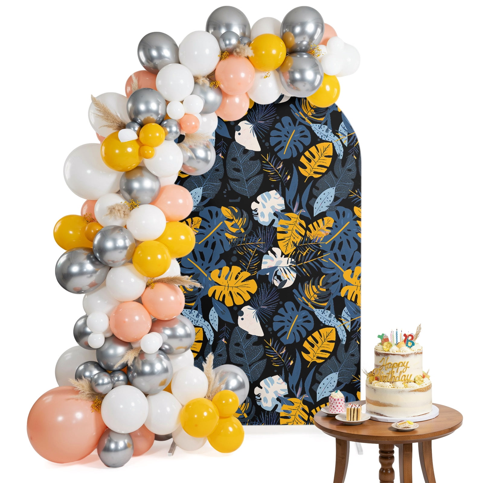 Arch Backdrop Cover for Wedding 6.6FT Yellow Blue Palm Leaves Stretch ...