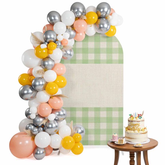 Arch Backdrop Cover for Wedding 6FT Bohemia Green Plaid Stretch Spandex Party Arch Cover, Fabric Backdrop Banner for Baby Shower, Birthday, Bridal Shower Decor Modern Farmhouse Linen