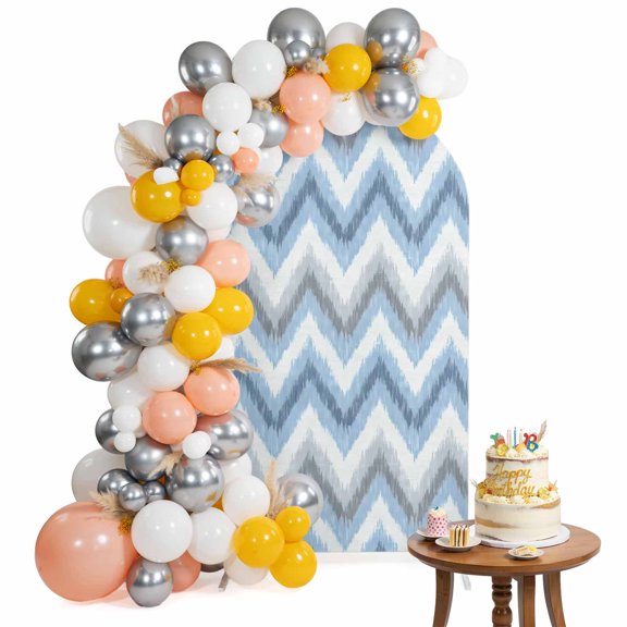 Arch Backdrop Cover for Wedding 6FT Boho Chevron Waves Pattern Stretch Spandex Party Arch Cover, Fabric Backdrop Banner for Baby Shower, Birthday, Bridal Shower Decor Modern Blue Grey White Zigzag