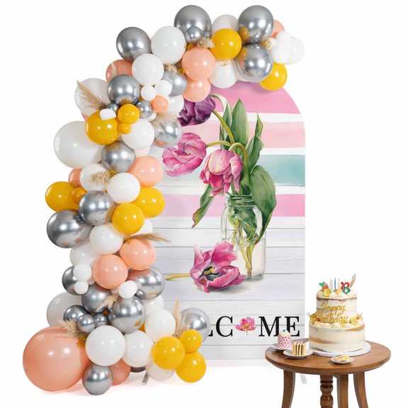 Arch Backdrop Cover for Wedding 6FT Cottage Flora Tulip Stretch Spandex Party Arch Cover, Fabric Backdrop Banner for Baby Shower, Birthday, Bridal Shower Rustic Welcome Sign Pink Green Teal Vase