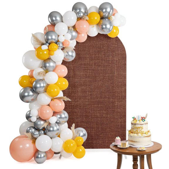 Arch Backdrop Cover for Wedding 6FT Dark Brown Linen Texture Stretch Spandex Party Arch Cover, Fabric Backdrop Banner for Baby Shower, Birthday, Bridal Shower Decor Vintage Farmhouse Chocolate
