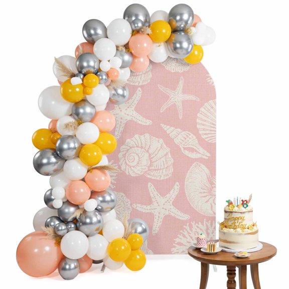 Arch Backdrop Cover for Wedding 6FT Ocean Coastal Stretch Spandex Party Arch Cover, Fabric Backdrop Banner for Baby Shower, Birthday, Bridal Shower Decor Shells Starfish Conch Corals Pink Linen