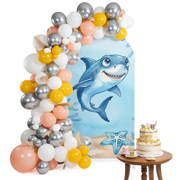 Arch Backdrop Cover for Wedding 6FT Shark Oceans Stretch Spandex Party Arch Cover, Fabric Backdrop Banner for Baby Shower, Birthday, Bridal Shower Decor Sea Beach Starfish Corals Blue