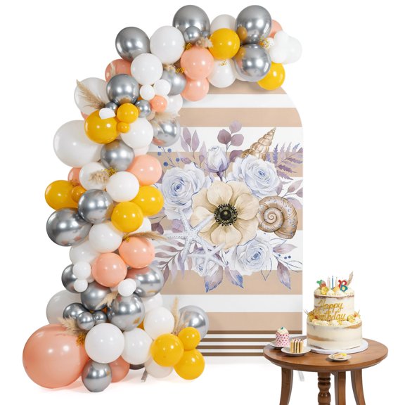 Arch Backdrop Cover for Wedding 6FT Spring Floral Stretch Spandex Party Arch Cover, Fabric Backdrop Banner for Baby Shower, Birthday, Bridal Shower Decor Country Botanical Shells Sandy White Stripes