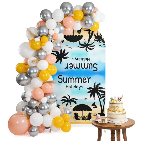 Arch Backdrop Cover for Wedding 6FT Summer Holiday Stretch Spandex Party Arch Cover, Fabric Backdrop Banner for Baby Shower, Birthday, Bridal Shower Decor Sandy Beach Palm Tree