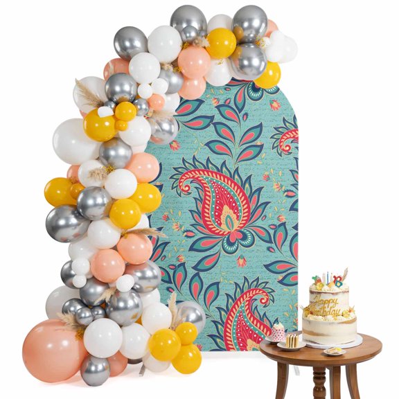 Arch Backdrop Cover for Wedding 6FT Teal Red Boho Abstract Flower Stretch Spandex Party Arch Cover, Fabric Backdrop Banner for Baby Shower, Birthday, Bridal Shower Decor Bohemian Style Floral