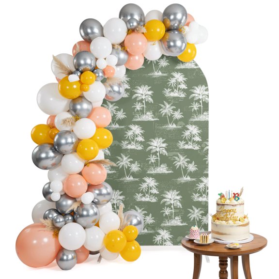 Arch Backdrop Cover for Wedding 6FT Tropical Botanical Stretch Spandex Party Arch Cover, Fabric Backdrop Banner for Baby Shower, Birthday, Bridal Shower Decor Rustic Coastal Green Palm Trees